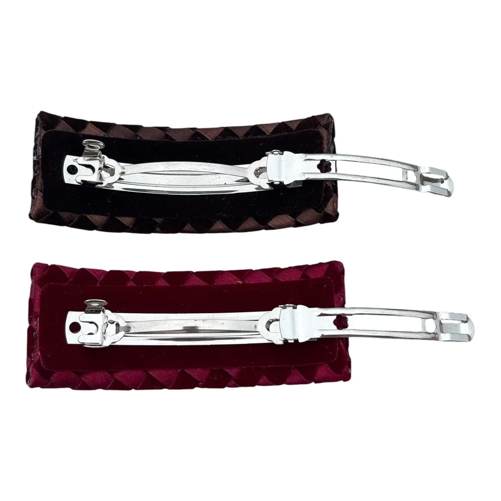 Velvet Satin Woven‎ Intrecciato-Inspired Hair Clips Barrettes Set of 2 Red Brown
